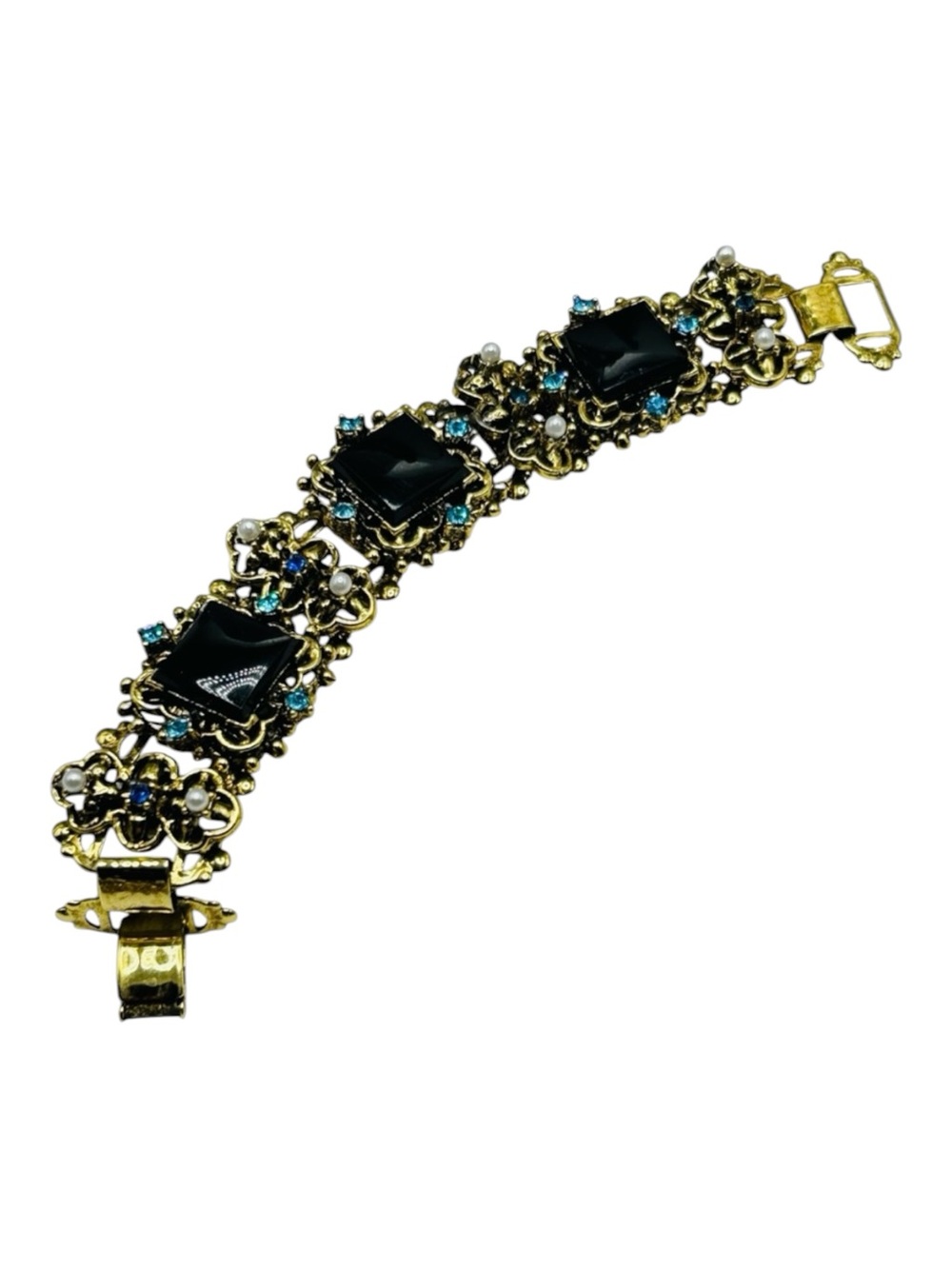 Vintage Black Glass Faux Pearl Blue Rhinestone Book Chain Bracelet